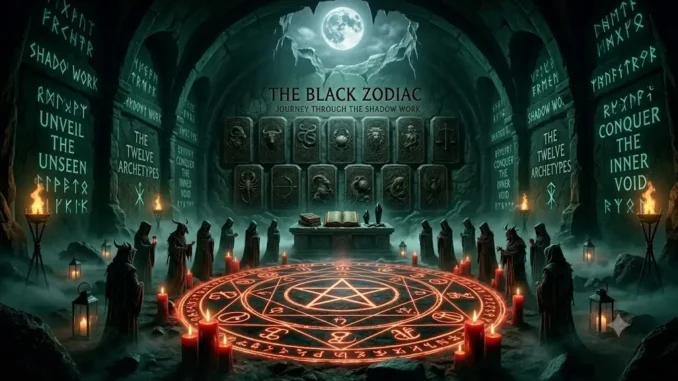 A wide-angle interior view of a dark, atmospheric gothic cavern. In the foreground, twelve hooded and cloaked figures gather in a circle around a glowing red ritual pentacle on the stone floor, ringed by lit candles and lanterns. In the middle ground is an altar with ancient books, and behind it, a wall of twelve stone tablets, each with an ornate zodiac or occult symbol. Text above the wall reads: "THE BLACK ZODIAC" and "JOURNEY THROUGH THE SHADOW WORK." Large panels of the cavern walls are covered in glowing teal runic and English script with the phrases "SHADOW WORK," "UNVEIL THE UNSEEN," "THE TWELVE ARCHETYPES," and "CONQUER THE INNER VOID." A full moon is visible through a crack in the vaulted stone ceiling. The mood is dark, mysterious, and serious.
