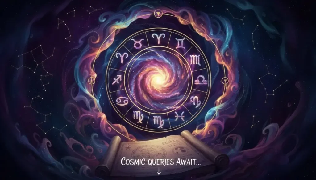zodiac quiz wheel with glowing centre and text saying cosmic queries await