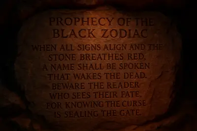 Carved prophecy of the Black Zodiac etched into a rough stone wall inside a dimly lit underground cavern, illuminated by a warm orange glow.
